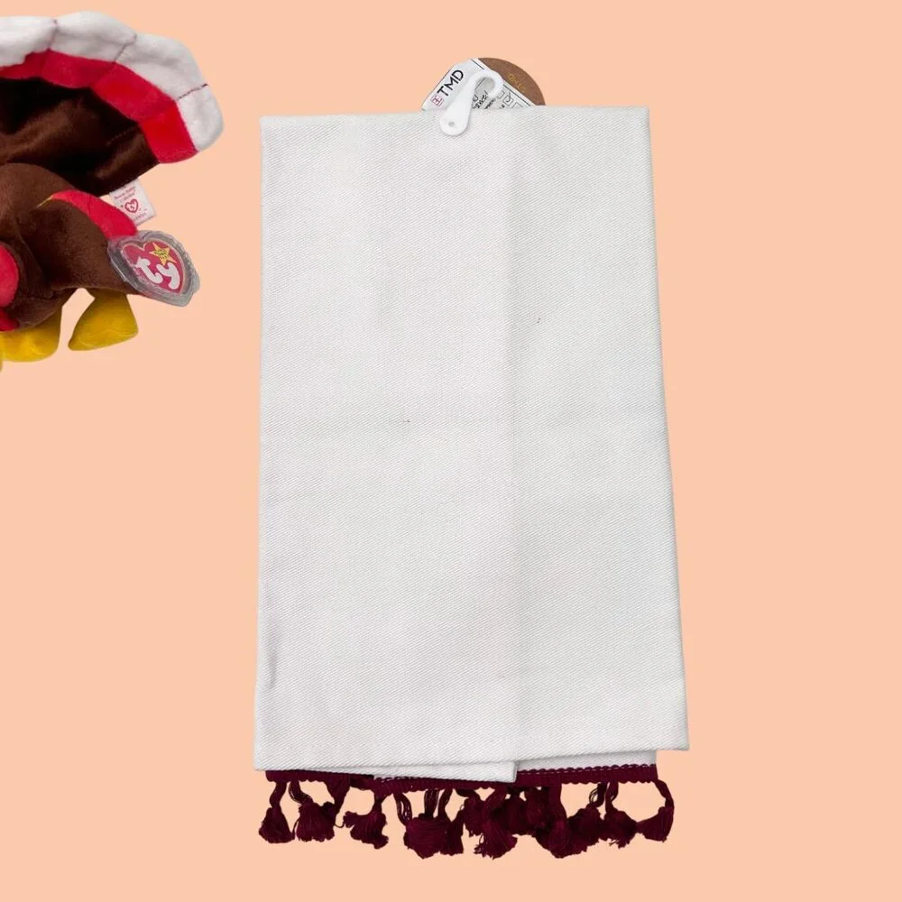 NWT THANKSGIVING TASSEL NOVELTY TEA TOWEL & VINTAGE '97 TY GOBBLES TURKEY BEANIE
